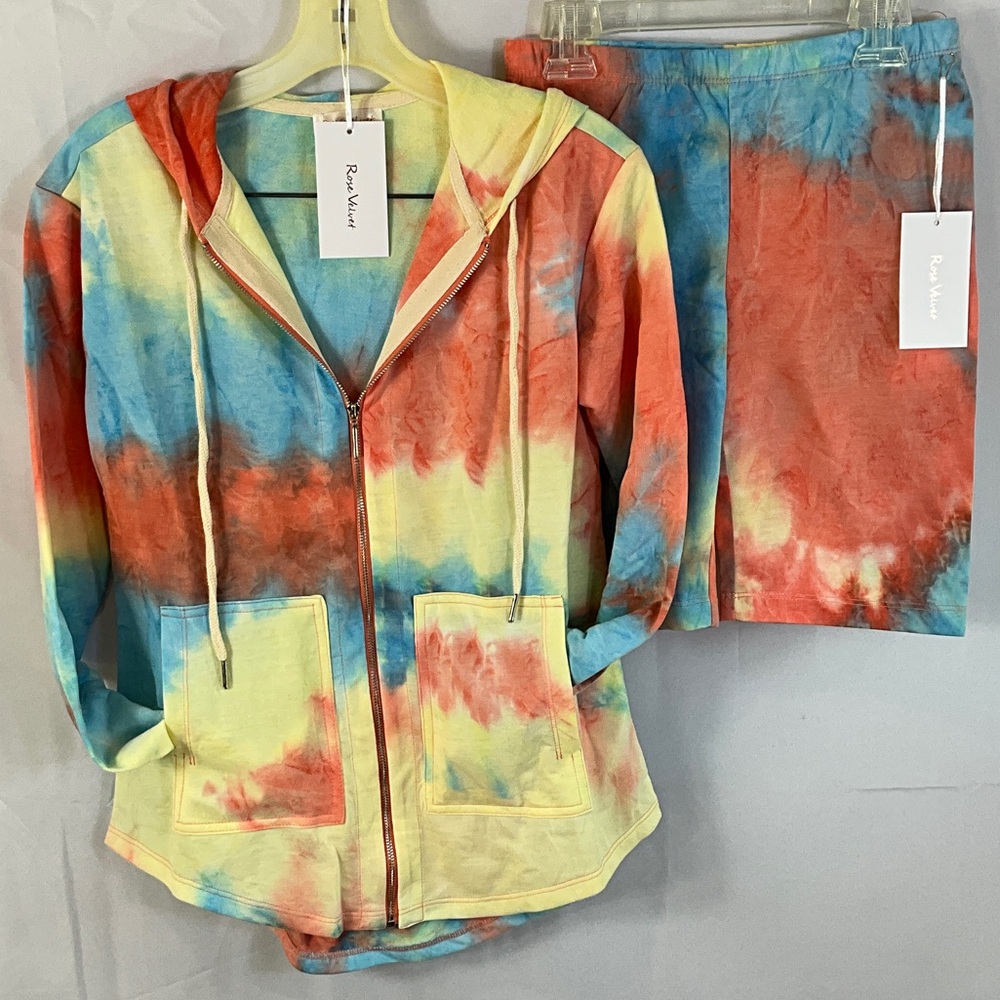 Rose Velvet Orange/Blue Tie-Dye Biker Short Hoodie Set With Pockets Size small
